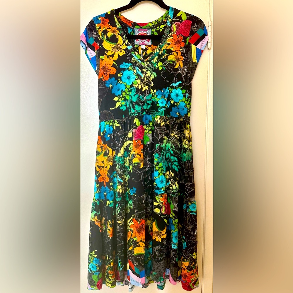 Johnny Was Black Floral Midi Dress with Teal, Yellow, Orange & Pink Accents